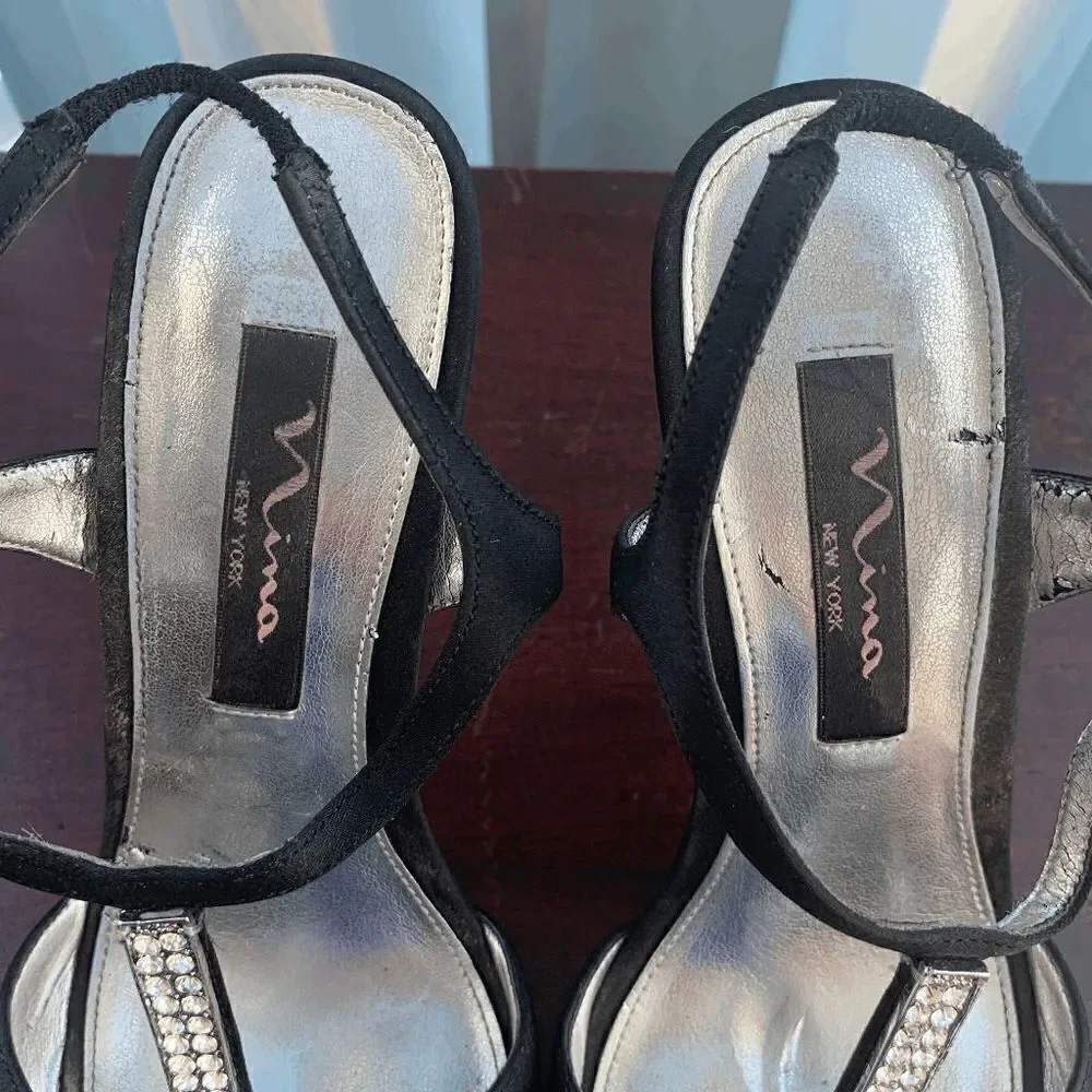 Nina Womens High Heels Peep Toe Sandals Ankle Strap Black Silver Shoes Size 6